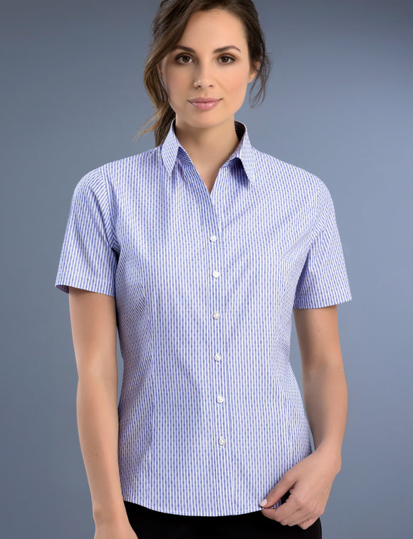 Style 771 Blue – Women's Slim Fit Short Sleeve Dobby Stripe